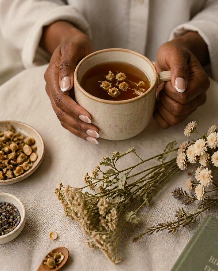Hands holding a warm mug of herbal tea with dried botanicals